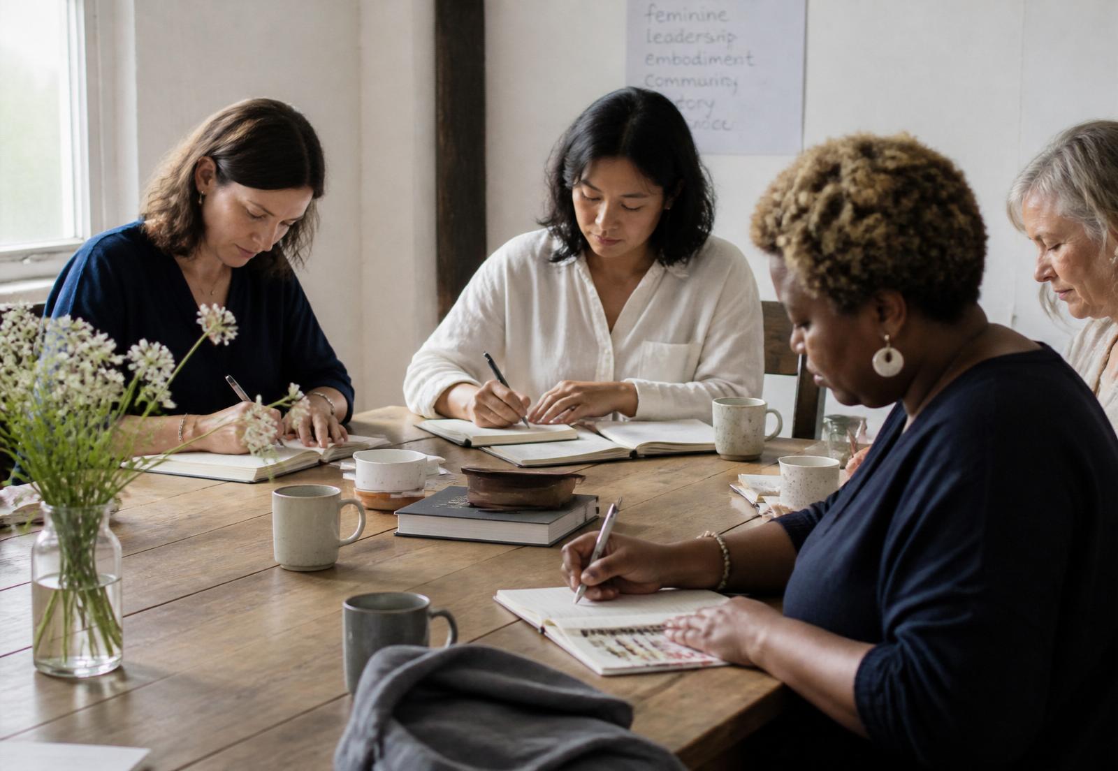 Grupo pequeno de mulheres escrevendo durante uma experiência presencial da Avela.
